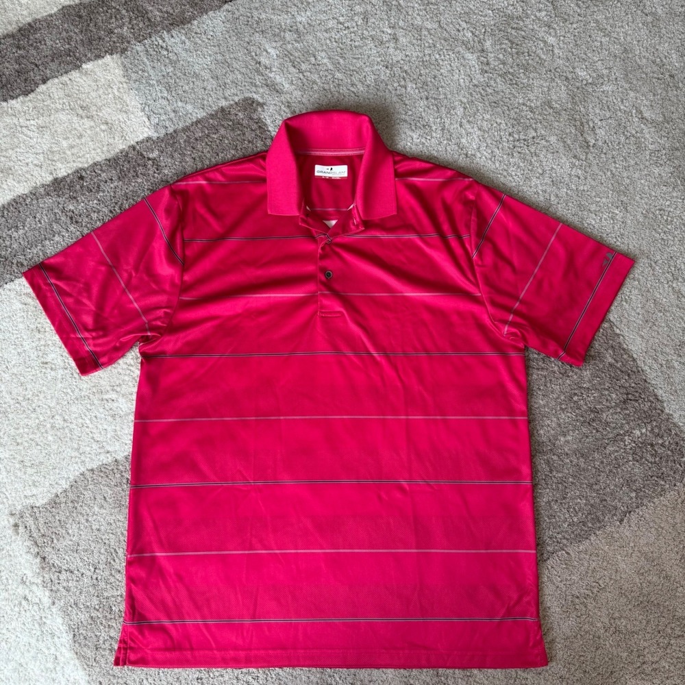 Grand Slam Performance Mens‎ XL Golf Polo Shirt Pink Striped Short Sleeve Mesh